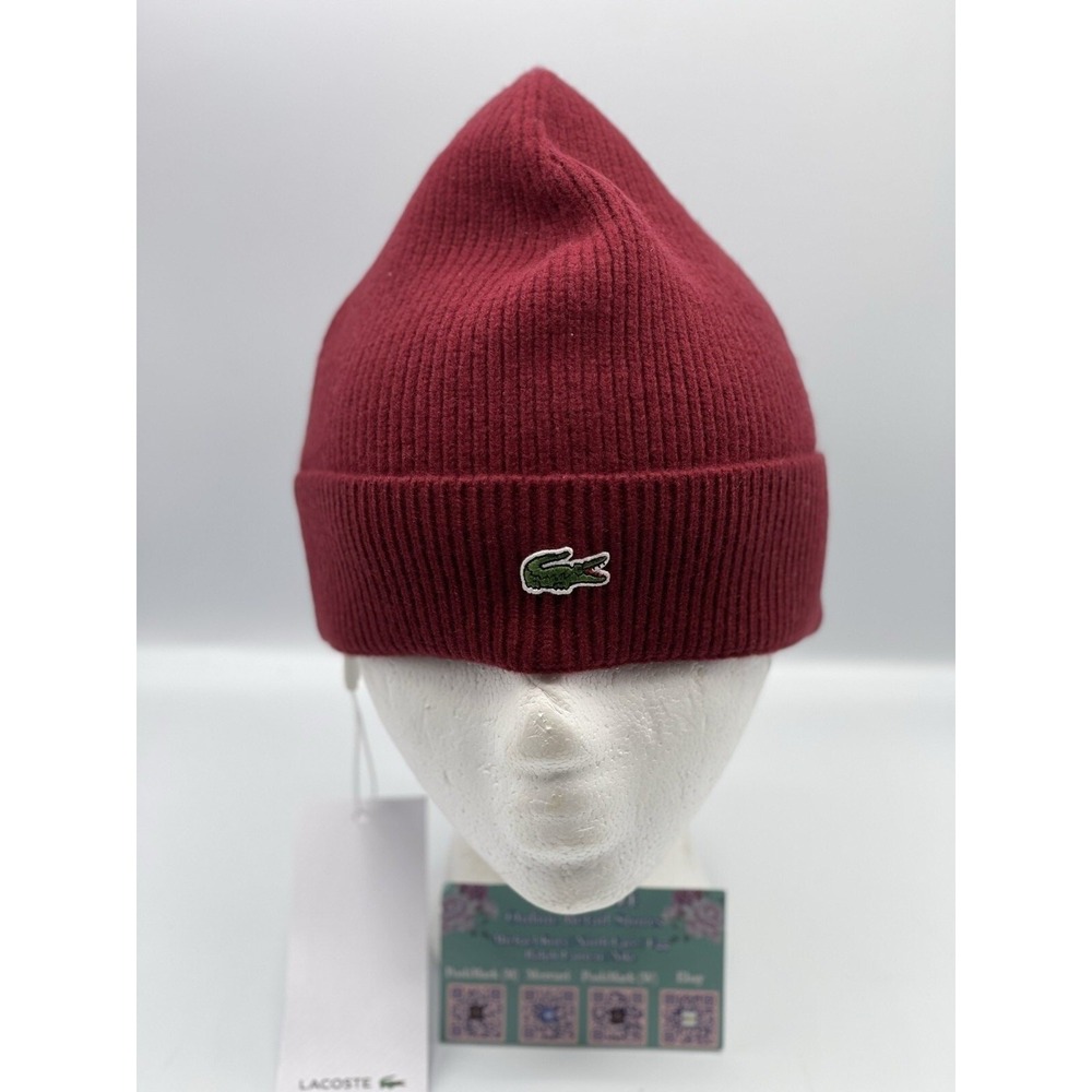 Lacoste Ribbed Wool Beanie Hat for Men - One Size, Red, Lightweight